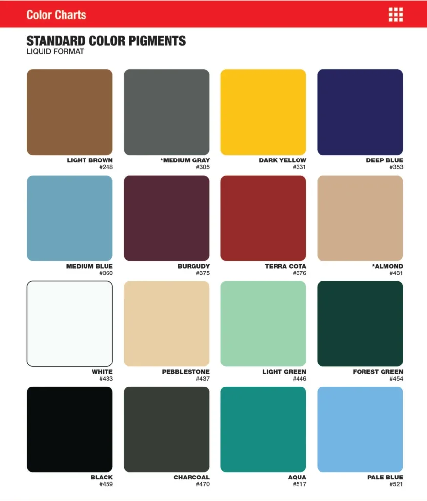 Industrial epoxy flooring standard pigment color chart