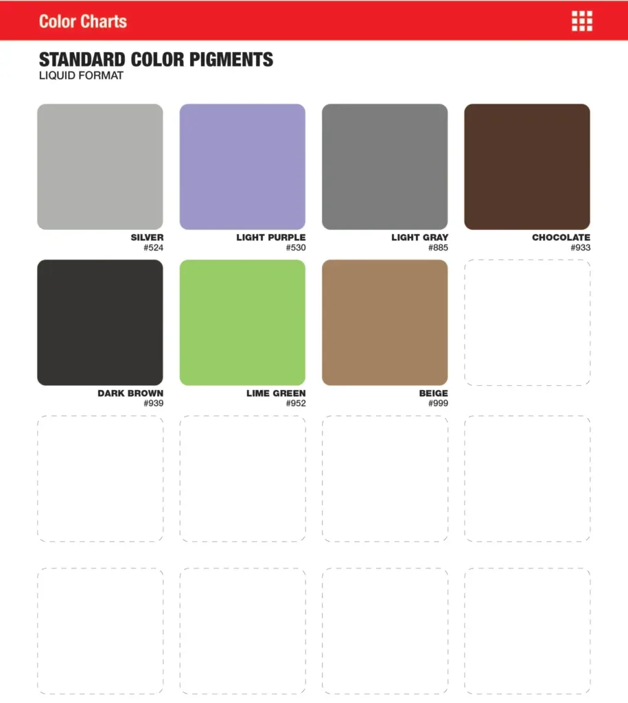 Standard epoxy flooring color pigments chart for garage and commercial use