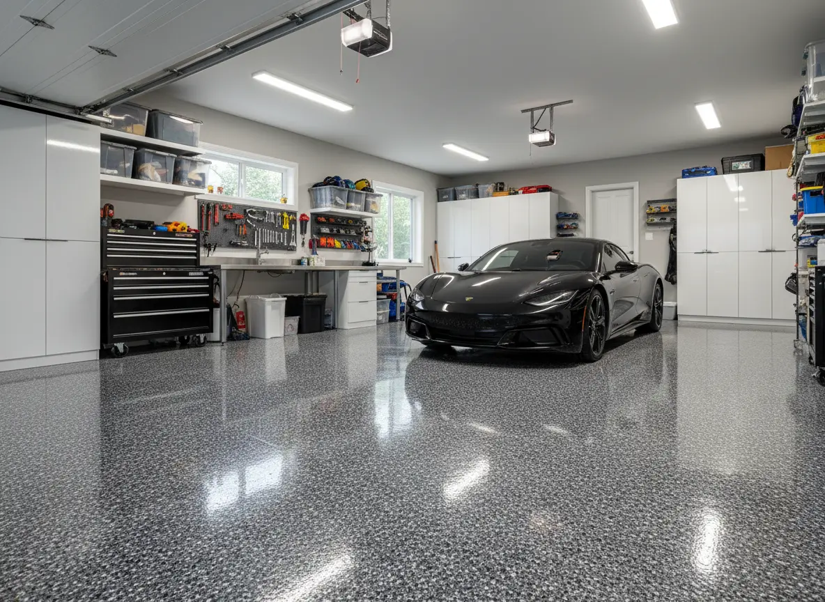 Garage epoxy flake flooring with car in modern residential garage