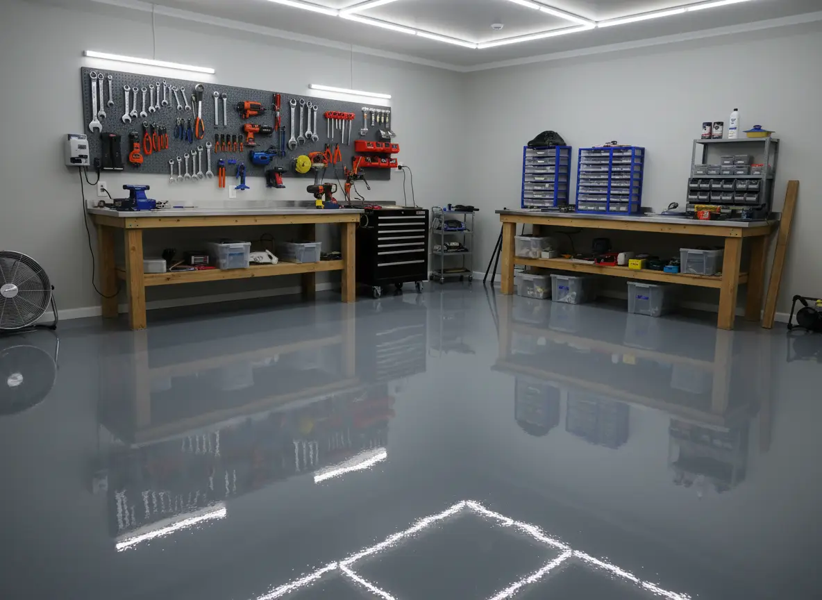 Workshop epoxy flooring with solid charcoal gray color finish
