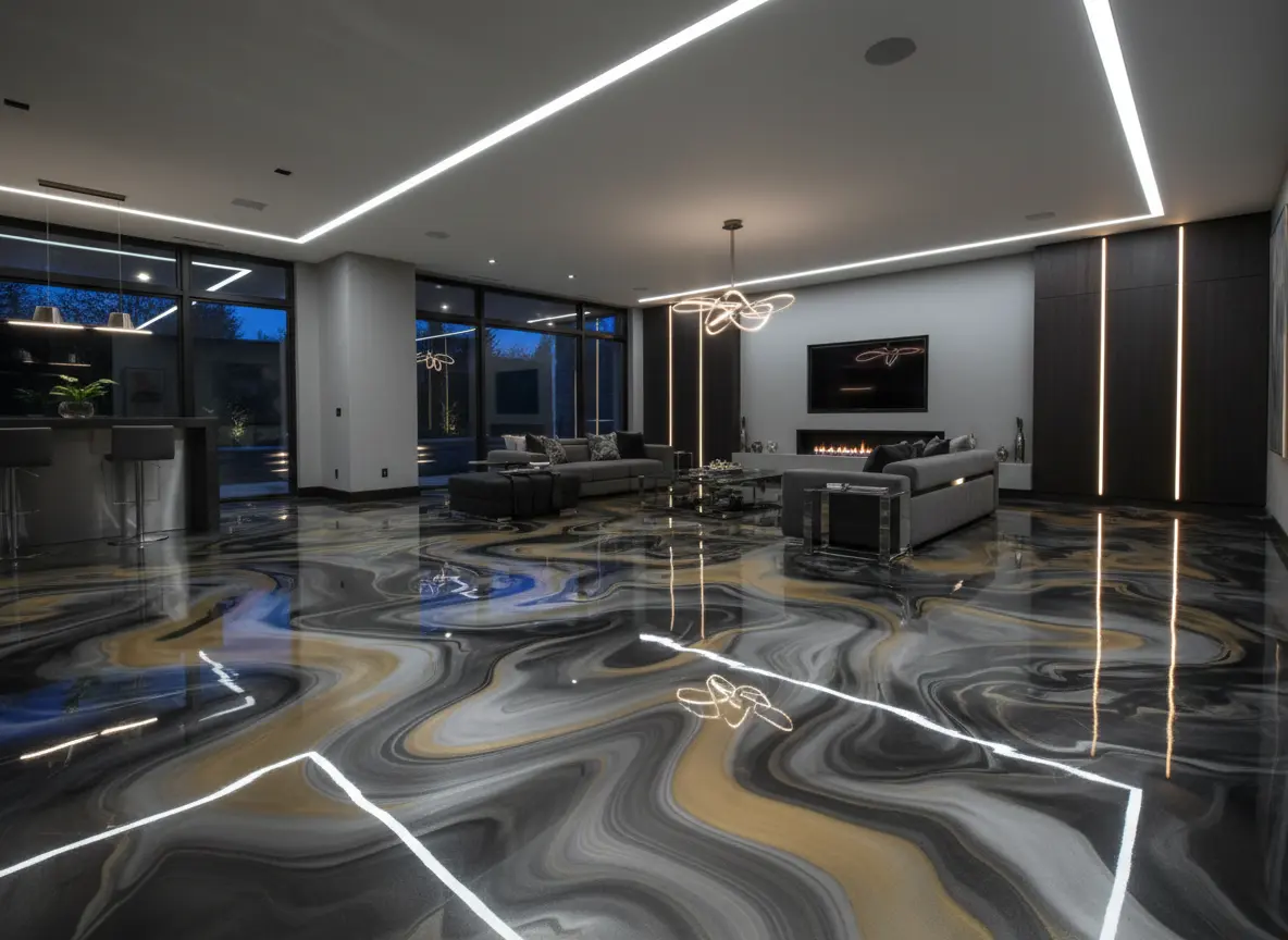 Metallic swirl epoxy flooring in basement recreation room